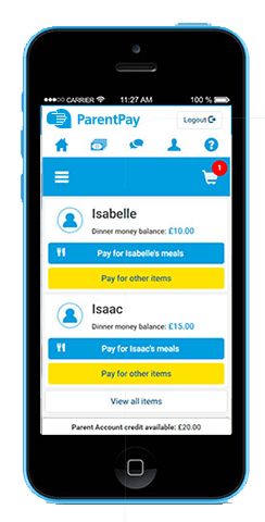Image shows a mobile phone with the parentpay app on it.